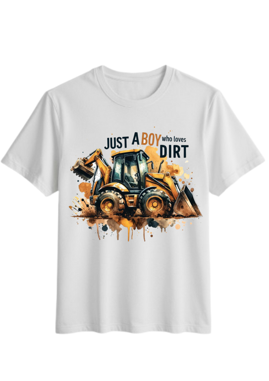 “Just a Boy Who Loves Dirt” Construction T-Shirt | Excavator & Backhoe Graphic Tee