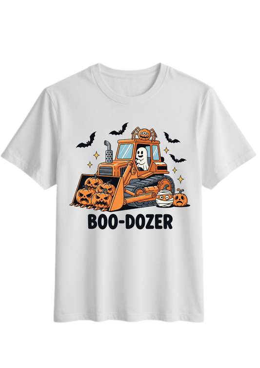 “Boo-Dozer” Halloween Kids Shirt | Cute Ghost & Pumpkin Bulldozer Tee