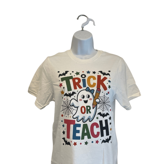 “Trick or Teach” Halloween Teacher T-Shirt | Cute Ghost Classroom Tee